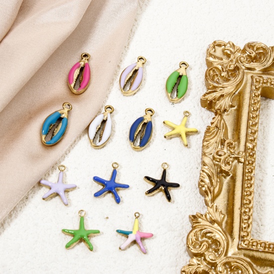 Image de 2 Pcs Breloques en 304 Acier Inoxydable Placage sous Vide Bijoux d'Océan Coquille Doré Multicolore Etoile de Mer Émail
