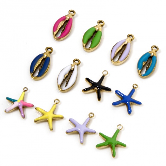 Image de 2 Pcs Breloques en 304 Acier Inoxydable Placage sous Vide Bijoux d'Océan Coquille Doré Multicolore Etoile de Mer Émail