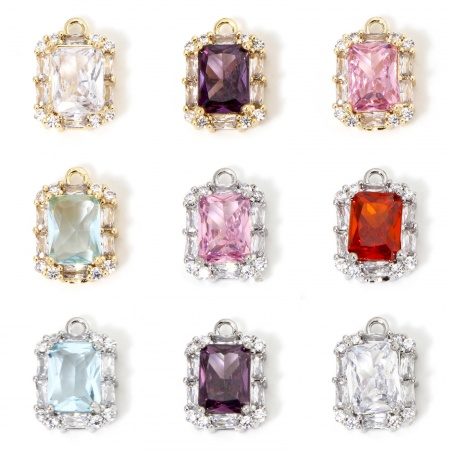 Eco-friendly Brass & Glass Micro Pave Charms Real Gold Plated Rectangle Multicolor Rhinestone 14mm x 10mm