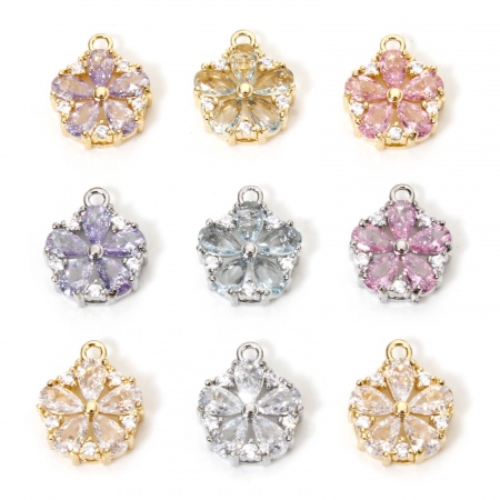 1 Pz Ecologico Ottone & Vetro Ciondoli Fiore Vero Oro Placcato Trasparente Cubic Zirconiae Multicolore Strass 13mm x 11mm