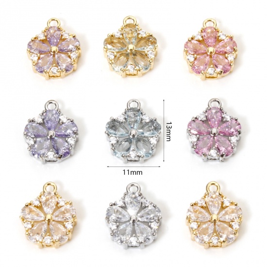 Immagine di 1 Pz Ecologico Ottone & Vetro Ciondoli Fiore Vero Oro Placcato Trasparente Cubic Zirconiae Multicolore Strass 13mm x 11mm