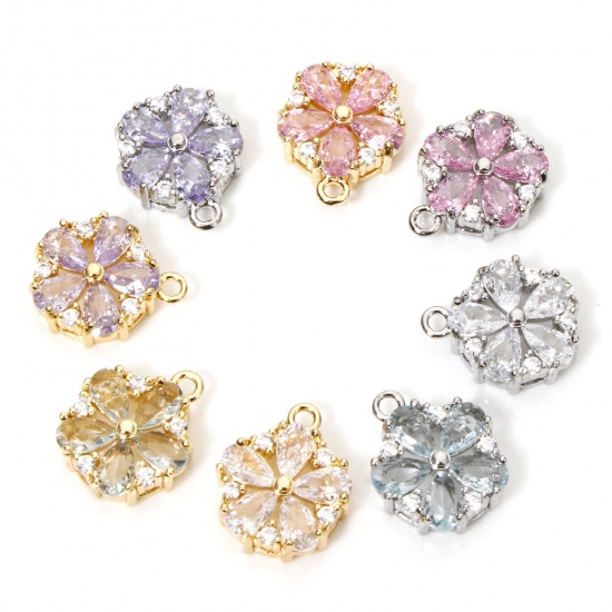 Immagine di 1 Pz Ecologico Ottone & Vetro Ciondoli Fiore Vero Oro Placcato Trasparente Cubic Zirconiae Multicolore Strass 13mm x 11mm