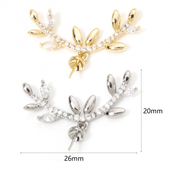 Picture of Eco-friendly Brass Micro Pave Pearl Pendant Connector Bail Pin Cap Real Gold Plated Branch Leaf Clear Cubic Zirconia 26mm x 20mm, Needle Thickness: 0.6mm