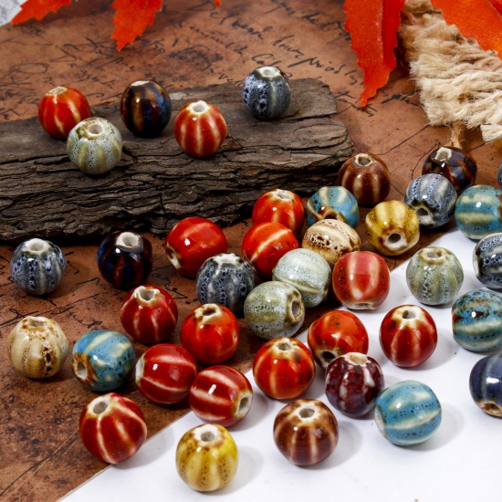 Picture of Ceramic Beads For DIY Jewelry Making Pumpkin Multicolor About 12mm x 11mm, Hole: Approx 2mm