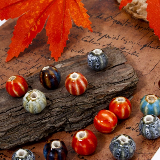 Picture of Ceramic Beads For DIY Jewelry Making Pumpkin Multicolor About 12mm x 11mm, Hole: Approx 2mm