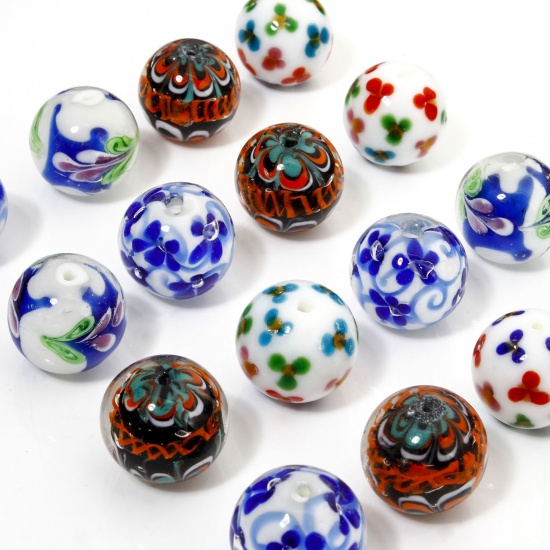 Immagine di 1 Pz Lampwork Vetro Perline per la Creazione di Gioielli con Fai-da-te Tondo Multicolore Fiore Disegno Circa 20mm Dia, Foro: Circa 1.6mm