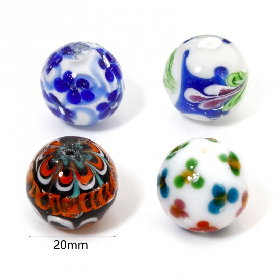 Immagine di 1 Pz Lampwork Vetro Perline per la Creazione di Gioielli con Fai-da-te Tondo Multicolore Fiore Disegno Circa 20mm Dia, Foro: Circa 1.6mm