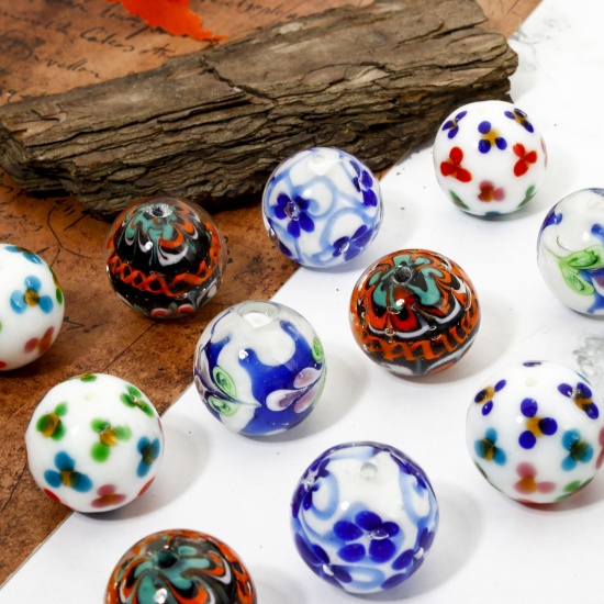 Immagine di 1 Pz Lampwork Vetro Perline per la Creazione di Gioielli con Fai-da-te Tondo Multicolore Fiore Disegno Circa 20mm Dia, Foro: Circa 1.6mm