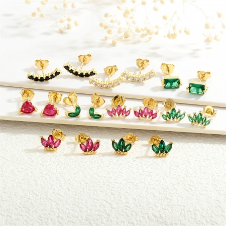 Eco-friendly Stylish Exquisite 18K Gold Plated Multicolor Brass & Cubic Zirconia Marquise Crown Ear Post Stud Earrings For Women Birthday