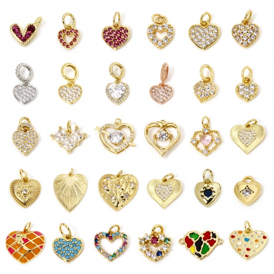 Bild von 1 Stück Umweltfreundlich Messing Valentinstag Charms Echtgold plattiert Herz Micro Pave