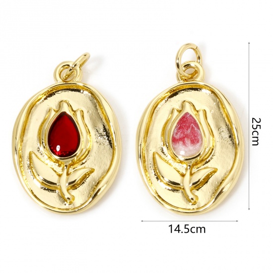 Immagine di 1 Pz Ecologico Ottone Ciondoli Ovale 18K Vero Oro Placcato Fiore del Tulipano Smalto 25mm x 14.5mm