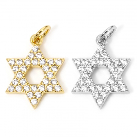 Eco-friendly Brass Religious Charms Real Gold Plated Star Of David Hexagram Micro Pave Clear Cubic Zirconia 20mm x 13mm