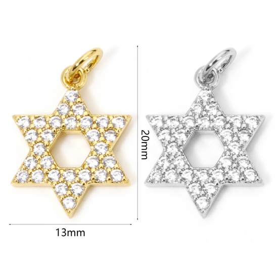 Immagine di 1 Pz Ecologico Ottone Religione Ciondoli Stella a Sei Punte Vero Oro Placcato Micro Spianare Trasparente Cubic Zirconiae 20mm x 13mm