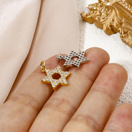 Immagine di 1 Pz Ecologico Ottone Religione Ciondoli Stella a Sei Punte Vero Oro Placcato Micro Spianare Trasparente Cubic Zirconiae 20mm x 13mm