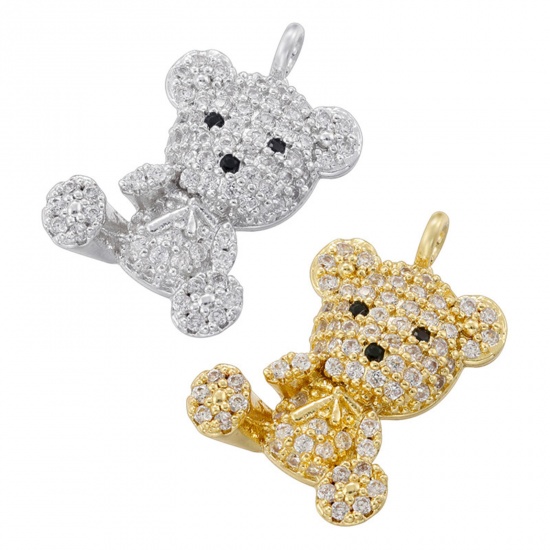 Picture of Brass Micro Pave Charms Multicolor Bear Animal Clear Cubic Zirconia 19mm x 12.5mm