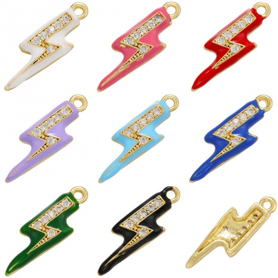 Picture of Brass Micro Pave Charms 18K Gold Plated Multicolor Lightning Weather Icon Enamel Clear Cubic Zirconia 17mm x 5mm