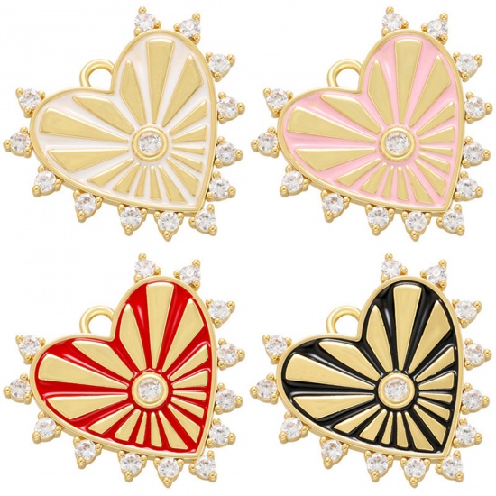 Picture of Brass Valentine's Day Charms 18K Gold Plated Multicolor Heart Sun Rays Enamel Clear Rhinestone 23mm x 22mm