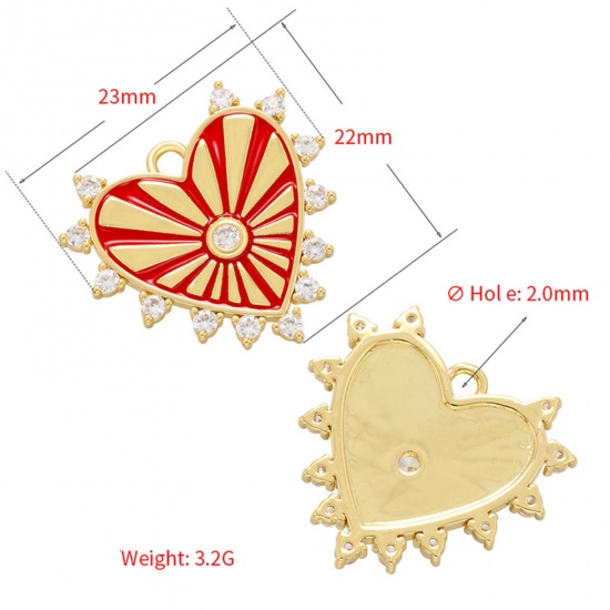 Picture of Brass Valentine's Day Charms 18K Gold Plated Multicolor Heart Sun Rays Enamel Clear Rhinestone 23mm x 22mm