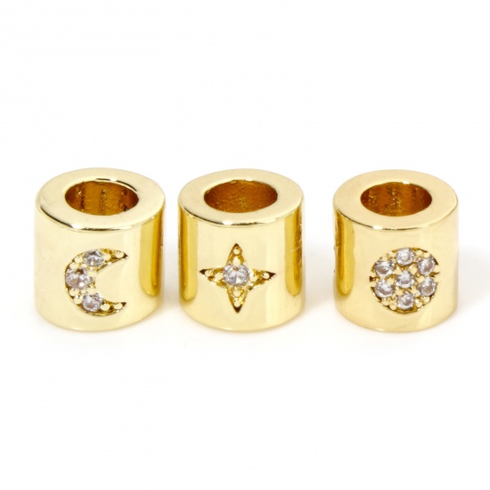 Picture of Eco-friendly Brass Galaxy Beads For DIY Jewelry Making 18K Real Gold Plated Cylinder Sun & Moon Clear Rhinestone