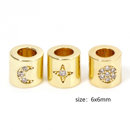 Picture of Eco-friendly Brass Galaxy Beads For DIY Jewelry Making 18K Real Gold Plated Cylinder Sun & Moon Clear Rhinestone