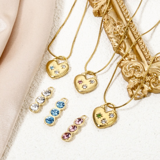 Picture of Eco-friendly Vacuum Plating 304 Stainless Steel Birthstone Charms Gold Plated Heart Lock Multicolor Rhinestone