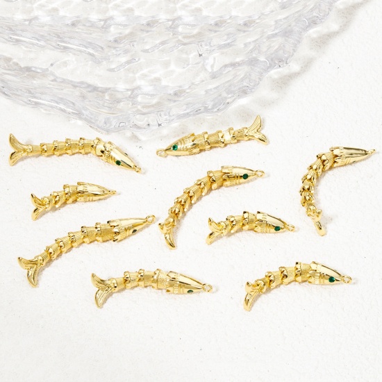 Picture of Brass Ocean Jewelry Pendants Real Gold Plated Fish Animal Movable Green Cubic Zirconia