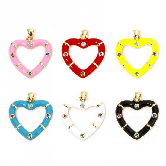 Immagine di 1 Pz Ecologico Ottone San Valentino Ciondoli Pendenti Cuore 18K Vero Oro Placcato Multicolore Smalto Multicolore Cubic Zirconiae 26mm x 21mm