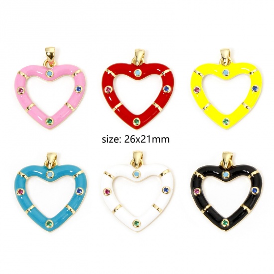 Immagine di 1 Pz Ecologico Ottone San Valentino Ciondoli Pendenti Cuore 18K Vero Oro Placcato Multicolore Smalto Multicolore Cubic Zirconiae 26mm x 21mm