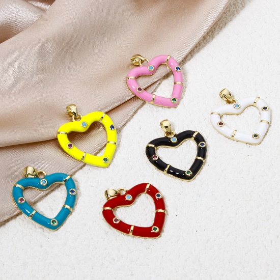 Immagine di 1 Pz Ecologico Ottone San Valentino Ciondoli Pendenti Cuore 18K Vero Oro Placcato Multicolore Smalto Multicolore Cubic Zirconiae 26mm x 21mm