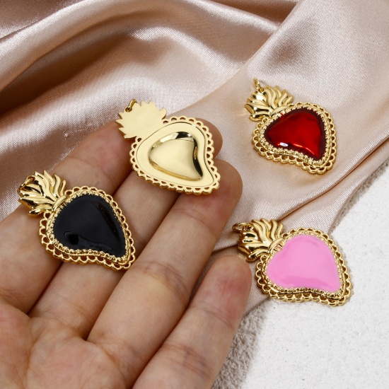 Picture of Eco-friendly Brass Religious Pendants 18K Real Gold Plated Ex Voto Heart Enamel 3.7cm x 2.3cm