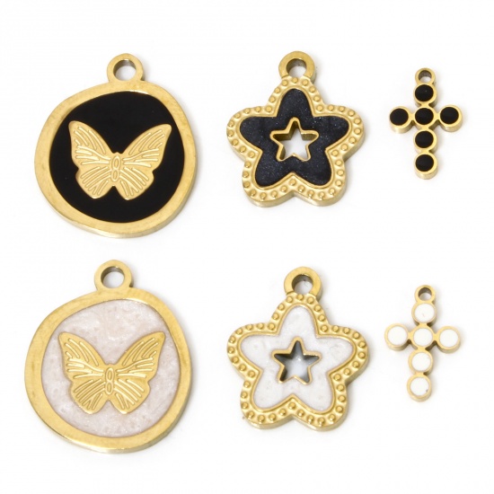 Picture of Vacuum Plating 304 Stainless Steel Religious Charms Gold Plated Multicolor Cross Round Enamel