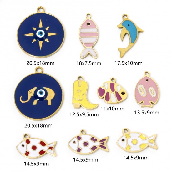 Image de 2 Pcs Breloques en 304 Acier Inoxydable Placage sous Vide Bijoux d'Océan Poisson Doré Multicolore Émail