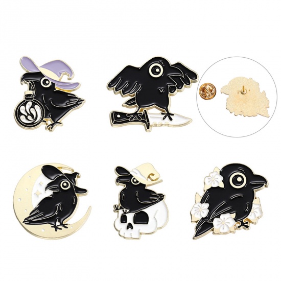 Immagine di 1 Pz Punk Spilla Corvo Uccello Halloween Fantasma Oro Placcato Nero Smalto