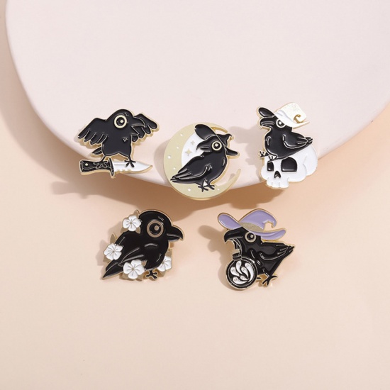 Immagine di 1 Pz Punk Spilla Corvo Uccello Halloween Fantasma Oro Placcato Nero Smalto