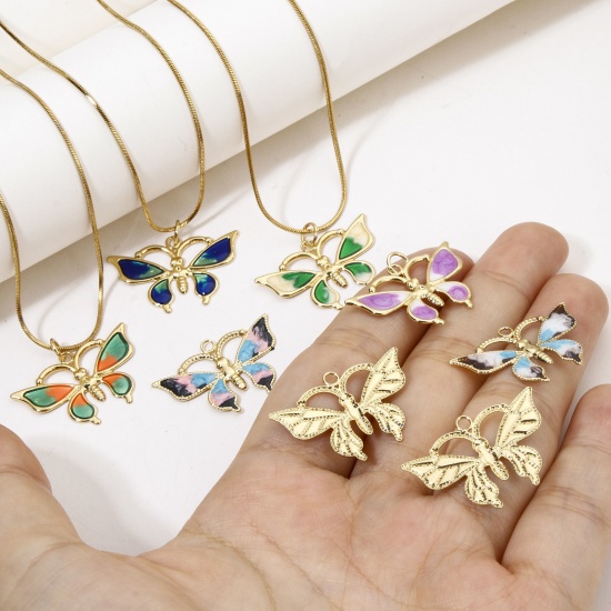Image de 1 Pièce Breloques Insecte en Laiton Respectueux de la Nature Papillon Plaqué Or Véritable 18K Multicolore Émail