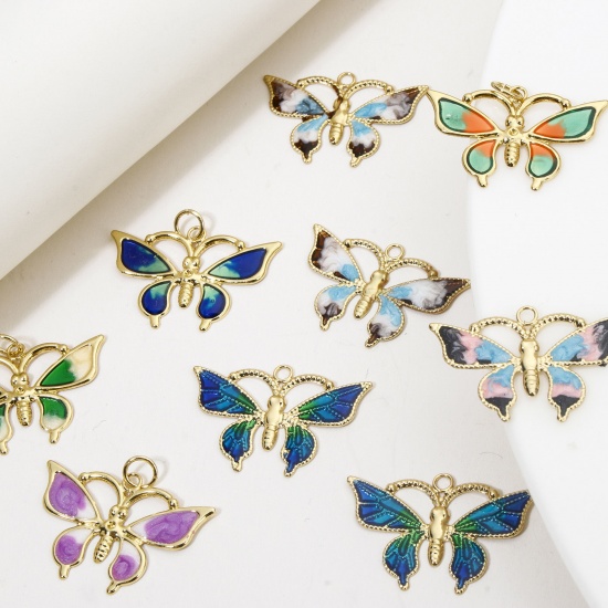 Image de 1 Pièce Breloques Insecte en Laiton Respectueux de la Nature Papillon Plaqué Or Véritable 18K Multicolore Émail