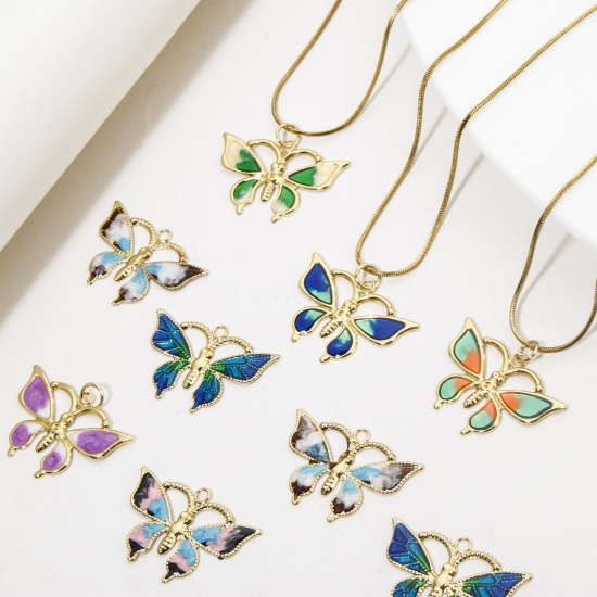 Image de 1 Pièce Breloques Insecte en Laiton Respectueux de la Nature Papillon Plaqué Or Véritable 18K Multicolore Émail