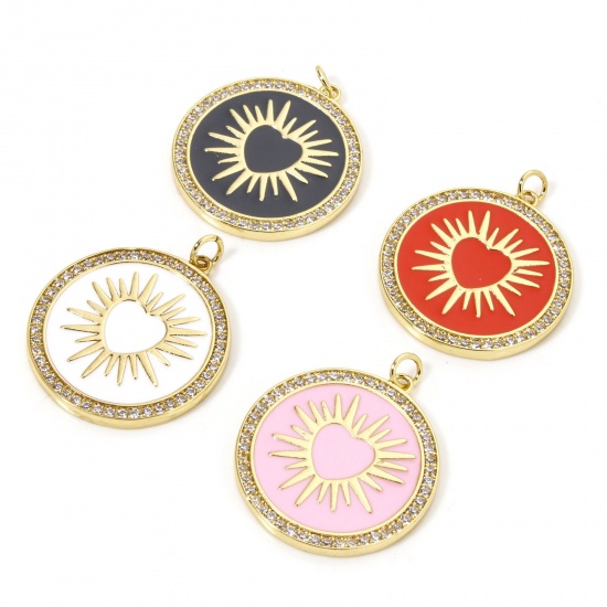 Picture of Eco-friendly Brass Micro Pave Pendants 18K Real Gold Plated Multicolor Round Sun Enamel 3.2cm x 2.6cm