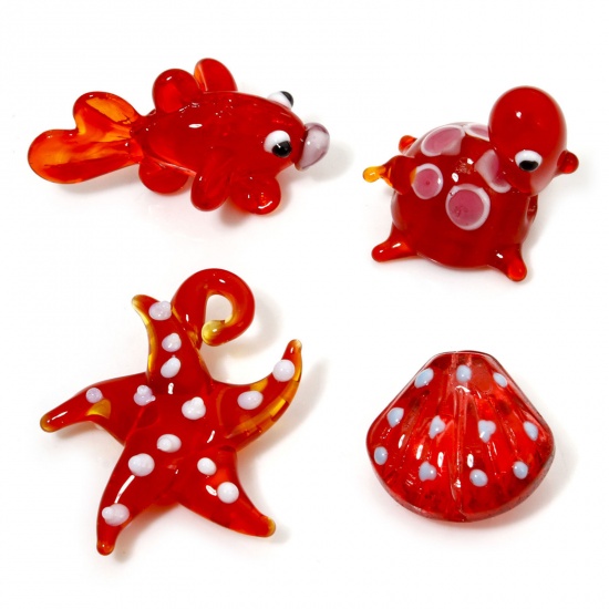 Immagine di 1 Pz Lampwork Vetro Lampwork Gioielli Oceanici Perline per la Creazione di Gioielli con Fai-da-te Pesce Rosso Rosso Conchiglia Disegno 3D