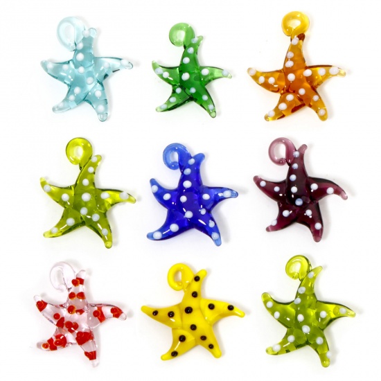 Picture of Lampwork Glass Ocean Jewelry Pendants Multicolor Star Fish Dot 3D 3cm x 2.8cm