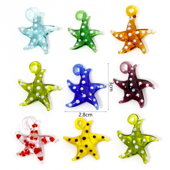 Picture of Lampwork Glass Ocean Jewelry Pendants Multicolor Star Fish Dot 3D 3cm x 2.8cm