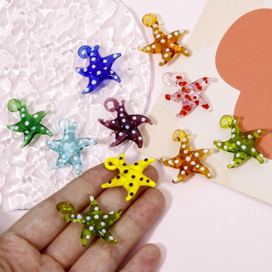 Picture of Lampwork Glass Ocean Jewelry Pendants Multicolor Star Fish Dot 3D 3cm x 2.8cm