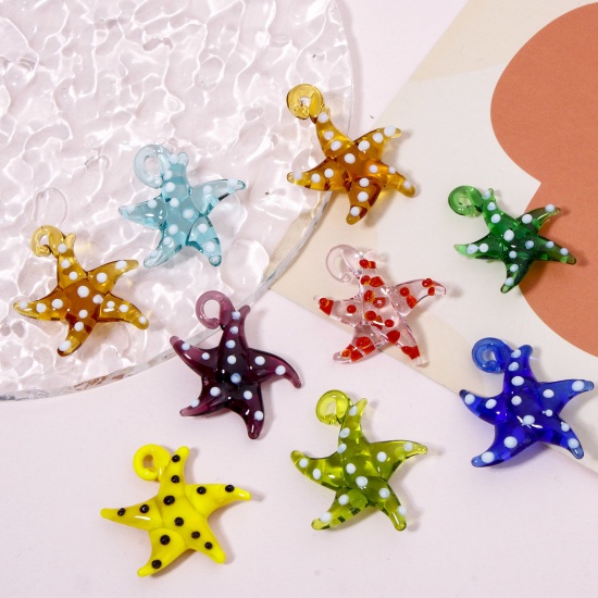 Picture of Lampwork Glass Ocean Jewelry Pendants Multicolor Star Fish Dot 3D 3cm x 2.8cm