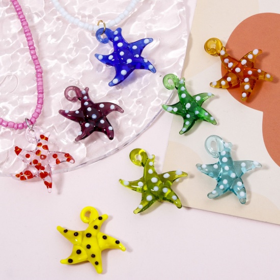 Picture of Lampwork Glass Ocean Jewelry Pendants Multicolor Star Fish Dot 3D 3cm x 2.8cm