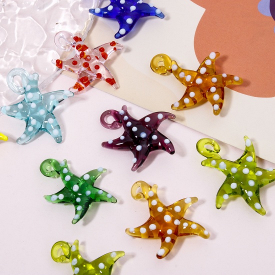 Picture of Lampwork Glass Ocean Jewelry Pendants Multicolor Star Fish Dot 3D 3cm x 2.8cm