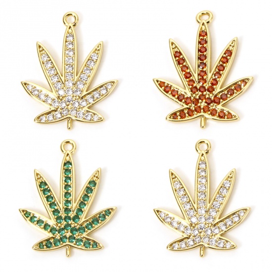 Picture of Eco-friendly Brass Charms 18K Real Gold Plated Leaf Micro Pave 25mm x 20mm