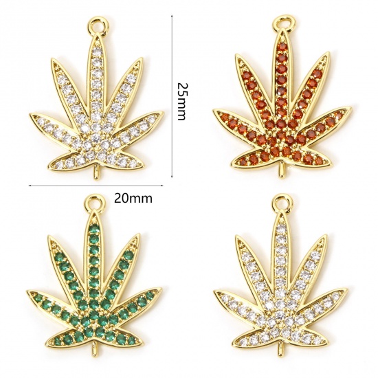 Picture of Eco-friendly Brass Charms 18K Real Gold Plated Leaf Micro Pave 25mm x 20mm