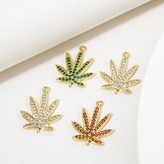 Picture of Eco-friendly Brass Charms 18K Real Gold Plated Leaf Micro Pave 25mm x 20mm