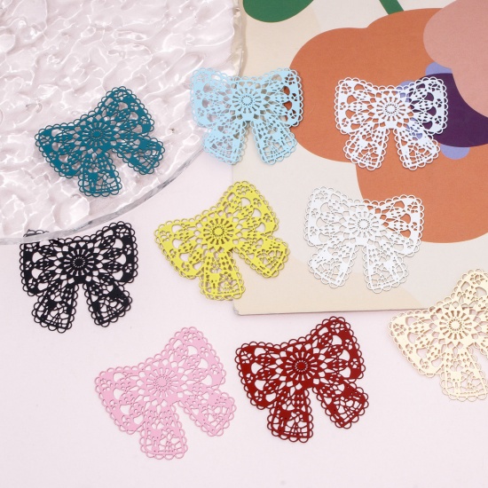 Picture of Iron Based Alloy Filigree Stamping Connectors Charms Pendants Multicolor Bowknot Hollow 3.7cm x 3.6cm