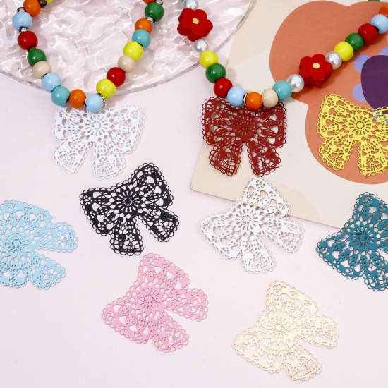 Picture of Iron Based Alloy Filigree Stamping Connectors Charms Pendants Multicolor Bowknot Hollow 3.7cm x 3.6cm